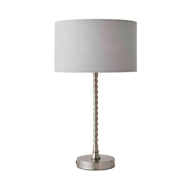 ValueLights Maeve Grey Shade Brushed Chrome Bobbin Bobble Table Lamp and Bulb