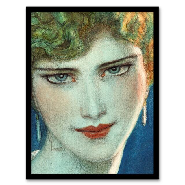 W T Benda Face of Blonde Girl with Earrings Painting Framed Wall Art Print A4