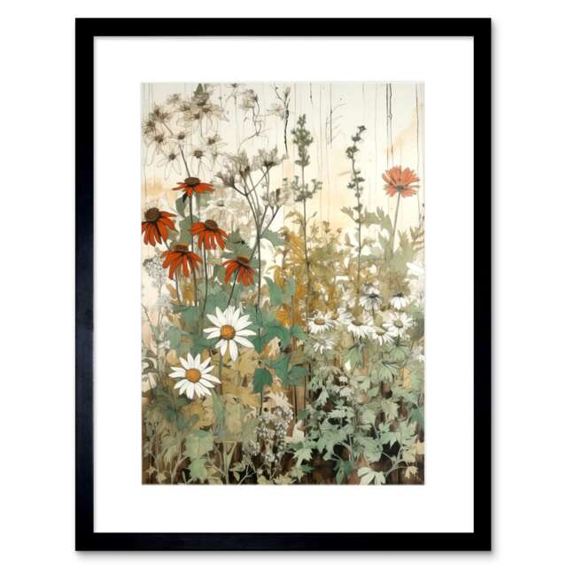 "Wildflowers Vintage Watercolour Daisy Flowers 9x7"" Black Framed Wall Art Print"