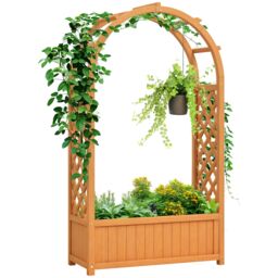 Outsunny Wooden Raised Garden Bed, Trellis Planter w/ Trellis, Fabric Liner Brown 1
