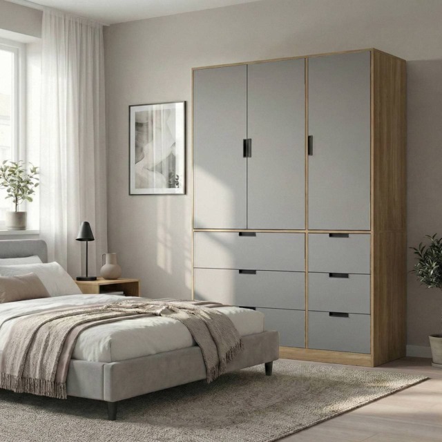RIGA 3 Door 6 Drawer Wardrobe Brown Oak & Grey 10 x 44.5 x 79 1