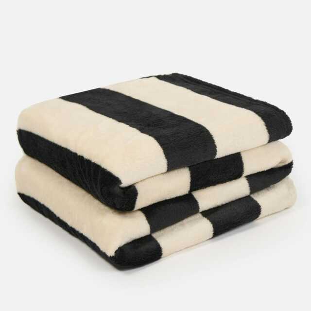 OHS Stripe Print Ultra Soft Fleece Cosy Blanket Throw, 125x150cm - Black/White