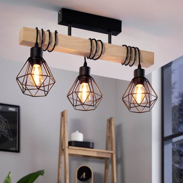 EGLO Townshend 5 Black/Natural Wood 3-Light Ceiling Pendant, Semi-Flush Industrial Style (L) 55cm
