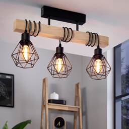 EGLO Townshend 5 Black/Natural Wood 3-Light Ceiling Pendant, Semi-Flush Industrial Style (L) 55cm