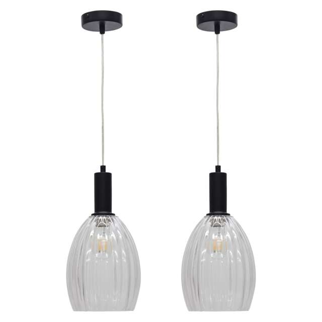 Set of 2 Birch - Clear Fluted Glass Black Deco Pendant Fittings