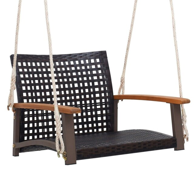 COSTWAY Rattan Porch Swing Outdoor Patio Hanging Seat Black