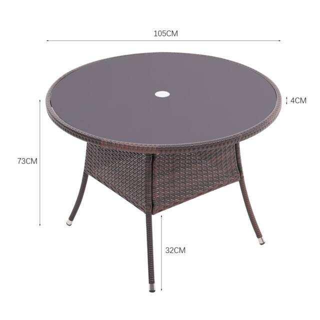 Living and Home Round Outdoor Wicker Table with Parasol Hole, Brown, 105cm Dia x 72cm H Brown