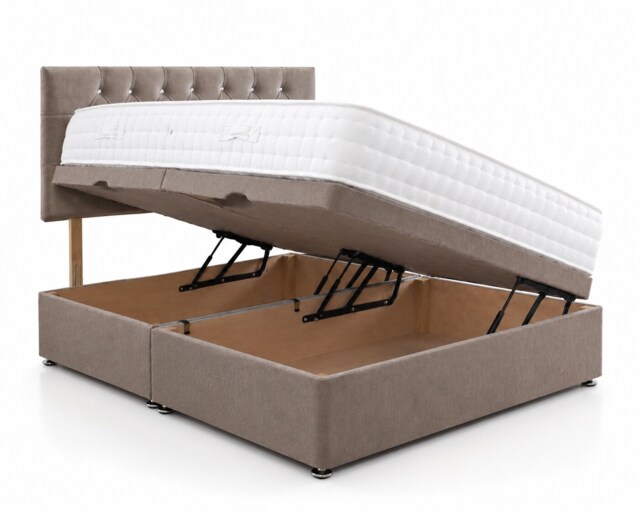 Side Lift 3ft Single Beige Plush Ottoman Bed With Headboard and Mattress