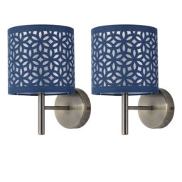 Set of 2 Brea - Antique Brass Wall Lights with Navy Blue Cut Out Shade Yellow Blue 2