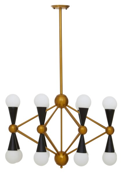Orsina Brass And Black Metal Pendant Light, Contemporary 16 Bulb Ceiling Light With White Glass Shades