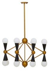 Orsina Brass And Black Metal Pendant Light, Contemporary 16 Bulb Ceiling Light With White Glass Shades