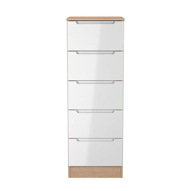 Lucca 5 Drawer Tall Bedside Cabinet in White Gloss & Bardolino Oak (Ready Assembled) White White Gloss & Bardolino Oak
