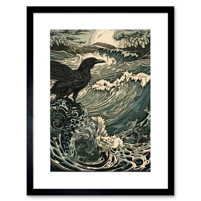 "Raven Crashing Waves Coastal Sunrise Landscape 9x7"" Black Framed Wall Art Print"