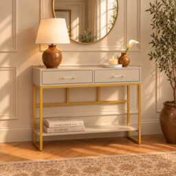 Large Slim Neutral Two Drawer Console Table / Dressing Table - Liana Taupe Range