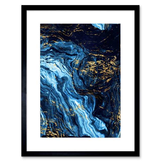 "Fluid Paint Dark Blue Gold Abstract Cave 9x7"" Black Framed Wall Art Print"