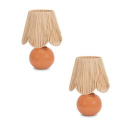 ValueLights Sebby Pair of Ceramic Globe Textured Table Lamps with Raffia Shades and Bulbs