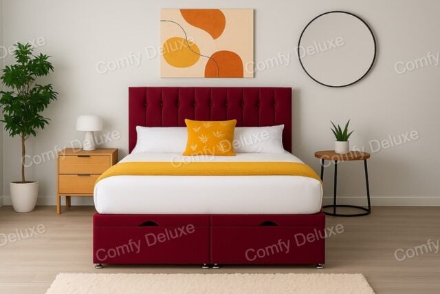 Maroon Plush Foot Lift Ottoman Divan Bed Set 2ft6 Small Single with Headboard & Mattress