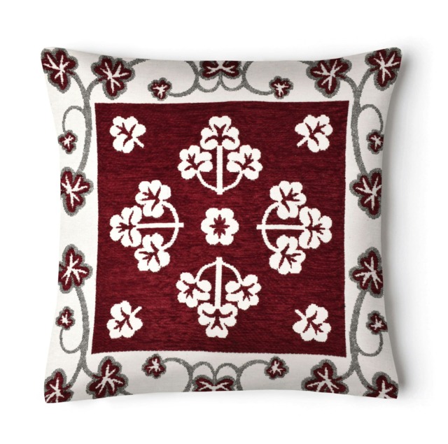 Chenille Floral Woven Detail Cushion - 43cm x 43cm Red Burgandy