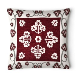 Chenille Floral Woven Detail Cushion - 43cm x 43cm Red Burgandy
