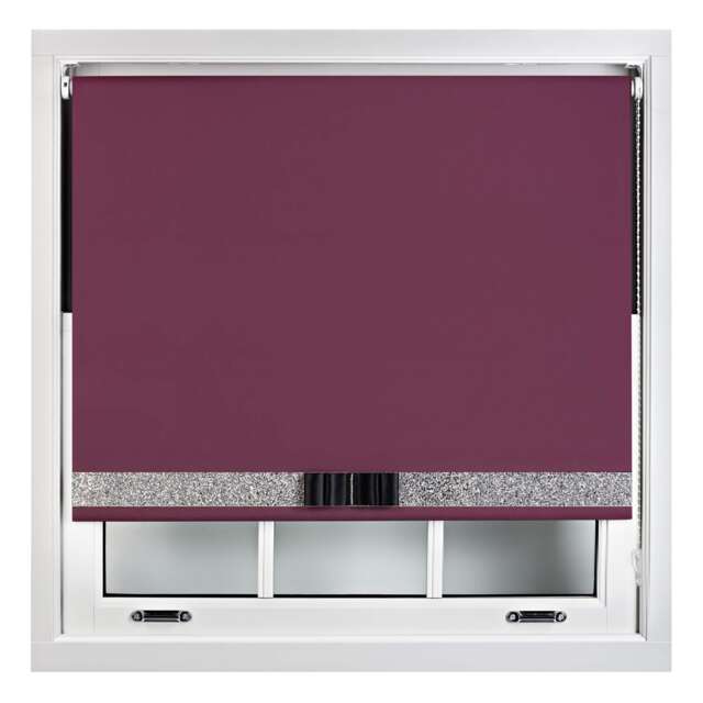 FURNISHED Blackout Roller Blind with Silver Glitter Trim and Black Bow Trimmable Window Shade Purple Aubergine (W) 110cm x (L) 210cm