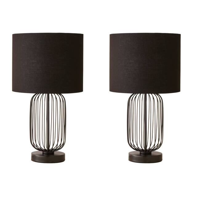 ValueLights Gabbia Pair Black Wire Cage Touch Table Lamps Black Shade Black