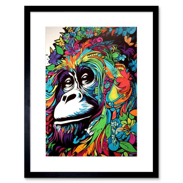 "Orangutan Flowers Graffiti Colourful Psychedelic 9x7"" Black Framed Wall Art Print"