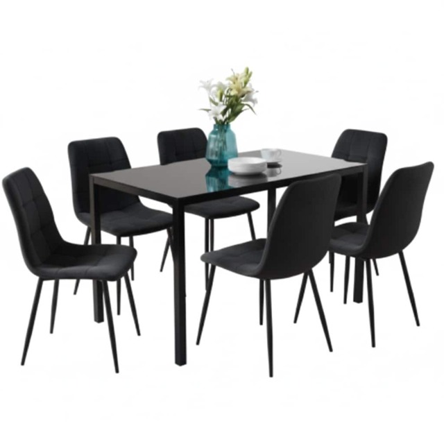 Dining Table Set With 6 Black Tufted Velvet Chairs Dining Room Furniture