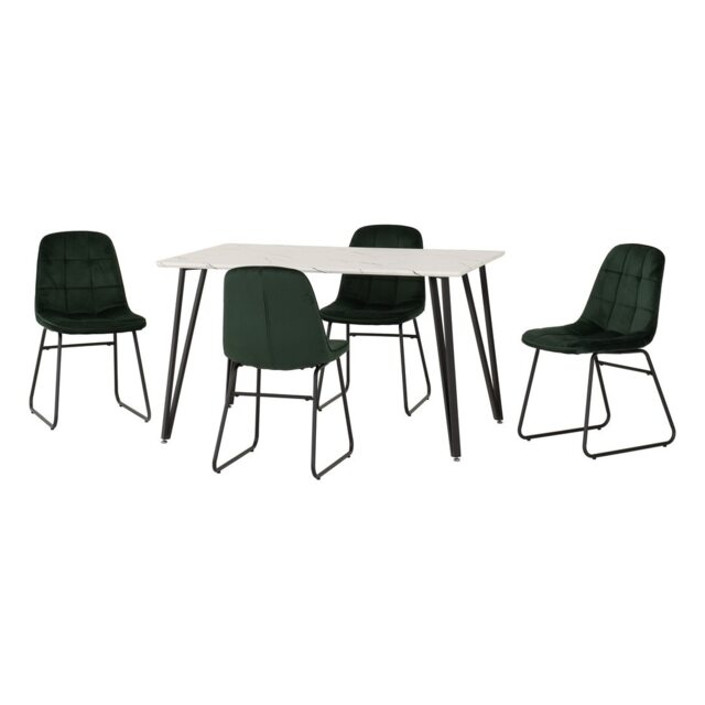 Marlow & Lukas Indoor Dining Set with 4 Chairs - White Marble - Emerald Green Velvet Green White Marble/Emerald Green 5