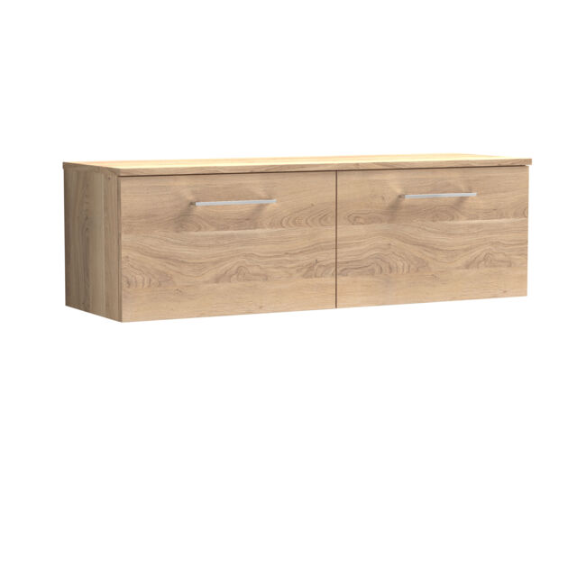Balterley Level Modern Bathroom Wall Hung 2-Drawer Vanity Unit with Worktop, Soft Close Drawers Brown Bleached Cuneo Oak