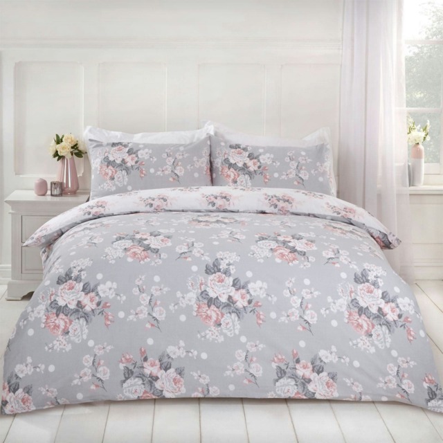 OHS English Rose Duvet Cover and Pillowcase Set, Double - Grey