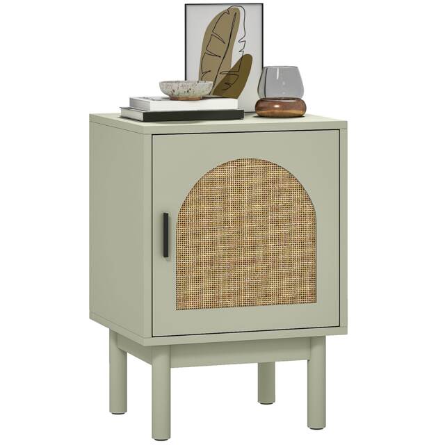 HOMCOM Rattan Bedside Table, Boho Bedside Cabinet with Adjustable Shelf and Solid Wood Legs, Side Table for Living Room, Bedroom, Light Green Green