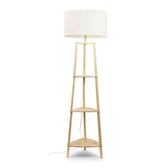 ValueLights Hiru Wooden 3 Tier Shelf Floor Lamp Cream Shade and Bulb