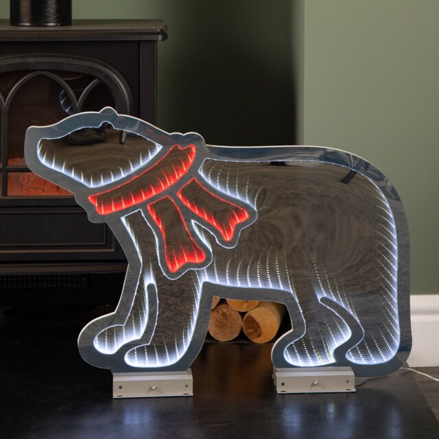 60cm Infinity Light up Christmas Polar Bear & Scarf Decoration with White & Red LEDs on Metal Base