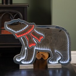 60cm Infinity Light up Christmas Polar Bear & Scarf Decoration with White & Red LEDs on Metal Base