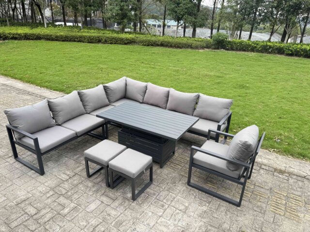 Fimous 9 Piece L-shaped Garden Furniture Set 10-Seater Aluminium Outdoor Dining Set with Adjustable Rising Lifting Dining Table Chair 2 Small Footstools Dark Grey
