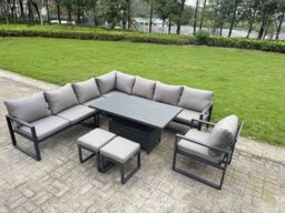 Fimous 9 Piece L-shaped Garden Furniture Set 10-Seater Aluminium Outdoor Dining Set with Adjustable Rising Lifting Dining Table Chair 2 Small Footstools Dark Grey