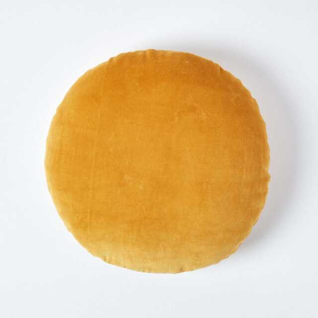 Homescapes Mustard Velvet Cushion - 40 cm Round Yellow Mustard 1