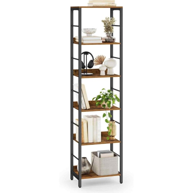 6-Tier Industrial Bookshelf with Back Panels, Freestanding Storage Shelf for Living Room, Study and Home Office, Rustic Brown