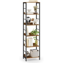 6-Tier Industrial Bookshelf with Back Panels, Freestanding Storage Shelf for Living Room, Study and Home Office, Rustic Brown