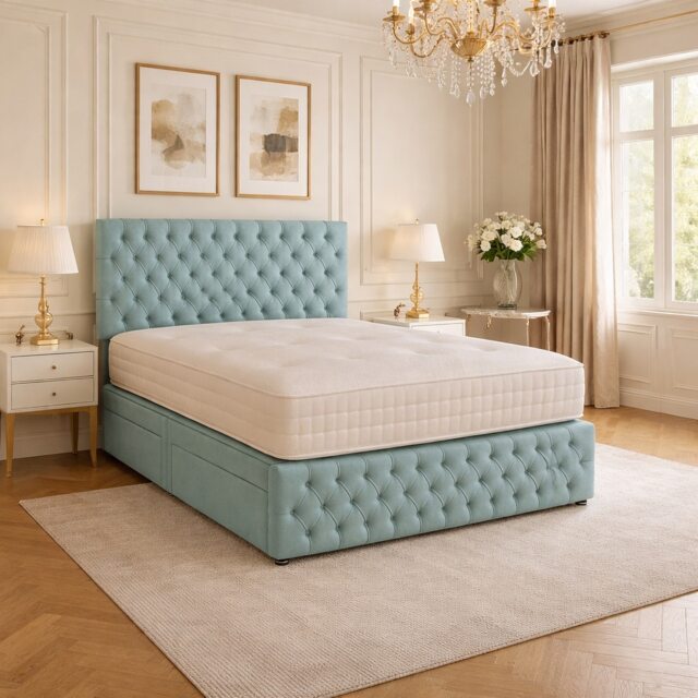 5FT Kingsize Ice Blue Plush Velvet Divan Bed With Headboard & Footboard and Memory Sprung Mattress 2 Drawers Left Side Laying in Bed