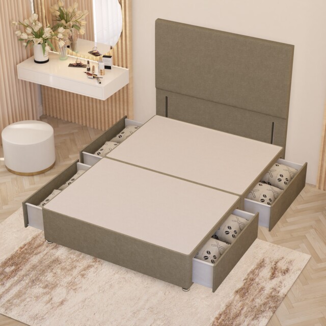 Divan Bed Base with 4 Drawers & Plain Floor Standing Headboard Linen Fabric Yellow Beige