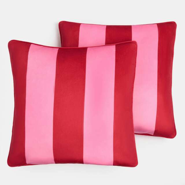 OHS 2 x Matte Velvet Stripe Cushion Covers, 45x45cm - Red/Pink