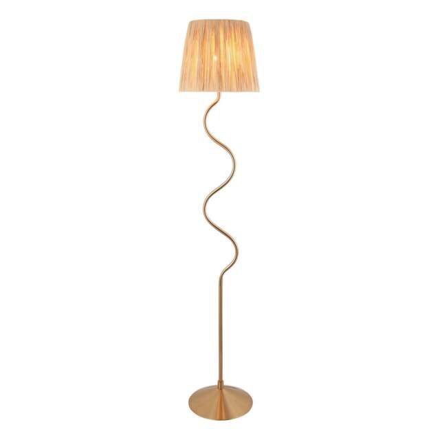 Wriggle Floor Lamp with Tapered Shade Brushed Aged Brass Plate, Natural Raffia, 1x E27