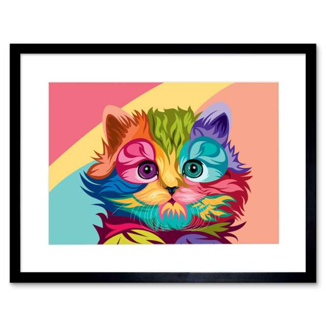 "Cute Colourful Kitten Pop Art Cat Lover Gift 9x7"" Black Framed Wall Art Print"