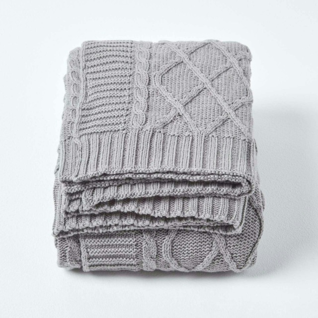 Homescapes Grey Diamond Cable Knit Cotton Throw - 150 x 200 cm Grey 1