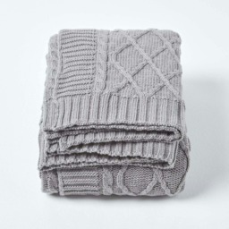 Homescapes Grey Diamond Cable Knit Cotton Throw - 150 x 200 cm