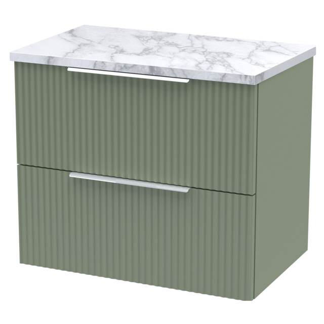 Balterley Tixall Fluted 2 Drawer Wall Hung Vanity Unit with Laminate Worktop, Satin Green, 600mm