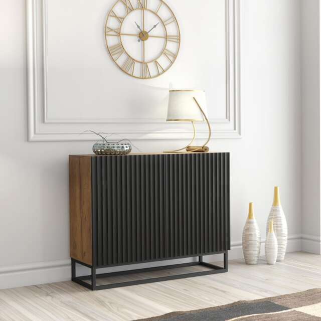Sideboard Cabinet TV Unit Storage Cabinet Storage Cupboard Oak Black Doors Metal Frame 100cm