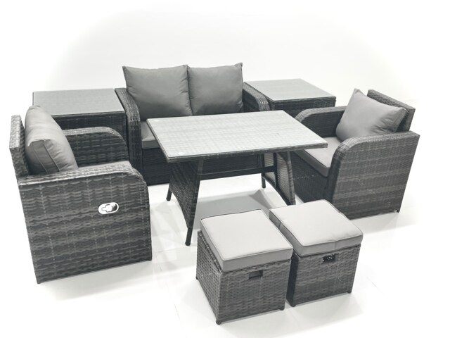 Fimous Outdoor Garden Furniture Set Rattan Sofa Dining Table Set with Reclining Chair 2 Small Footstool 2 Side Table Dark Grey Mixed