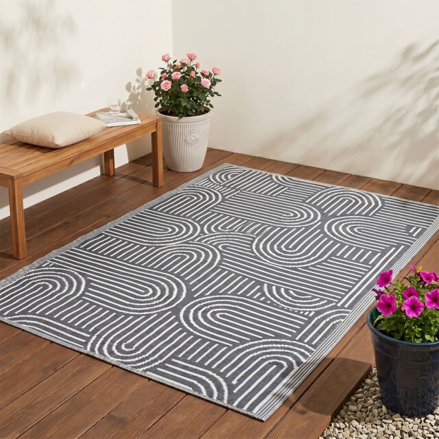 Outdoor Plastic Rug Wool-Look Anti-Slip Durable Garden Patio Conservatory Carpet Mat - Grey Arch Grey Grey
